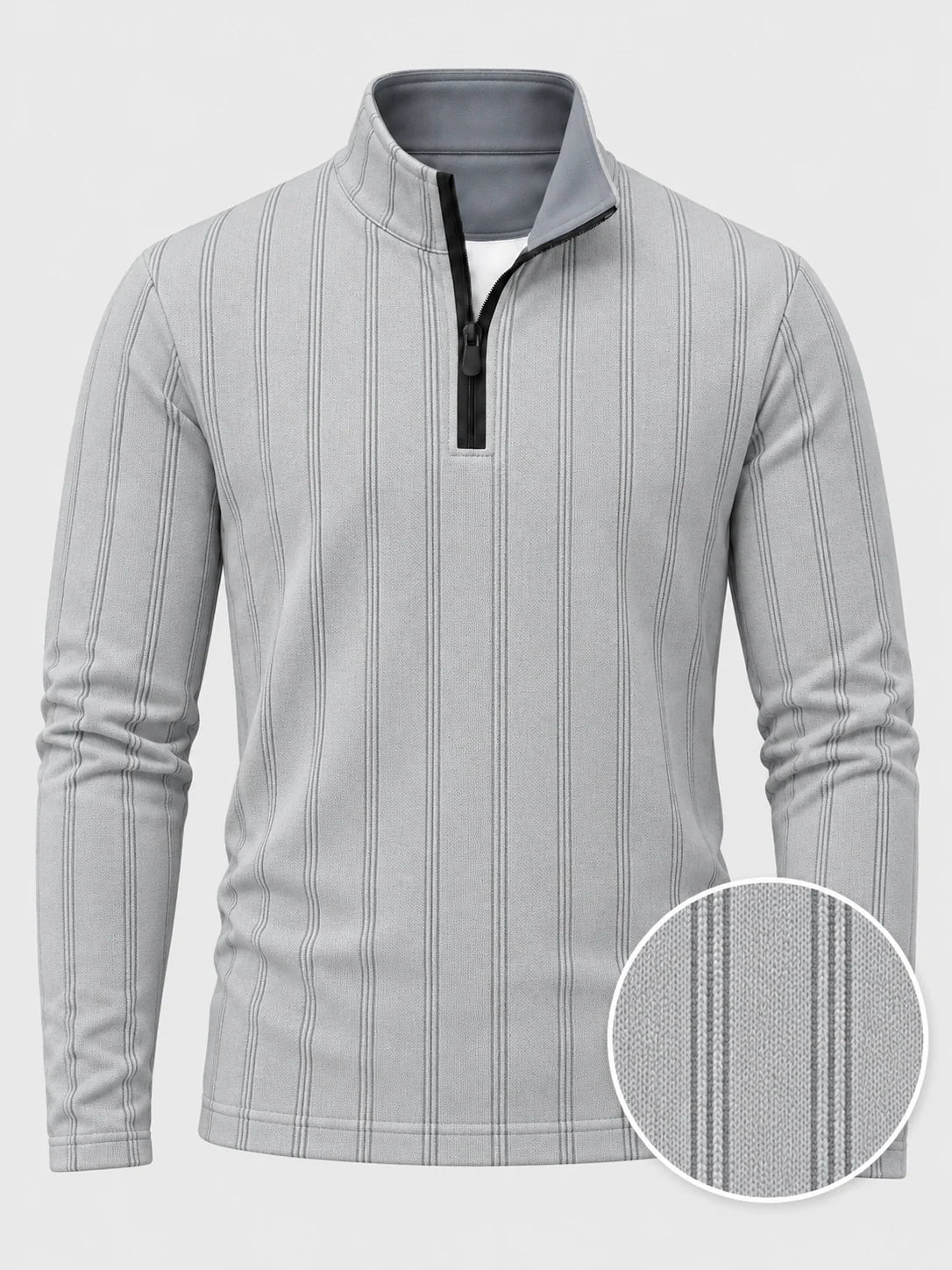 Silbergrauer Golfpullover mit feinem Nadelstreifenmuster, Funktionsmaterial und Viertelreißverschluss